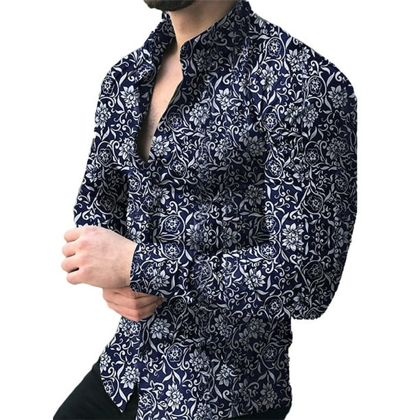 Hot Chic Men's Floral Long Sleeve Cotton Dress Shirt Party Nightclub Casual Tops